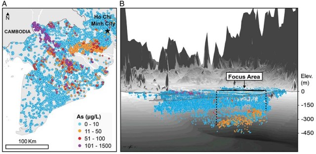 Hình 1: Ô nhiễm As trong nước ngầm ở đồng bằng sông Cửu Long, Việt Nam. Hình chiếu phẳng (A), chiếu thẳng đứng với độ phóng đại 150x (B)
