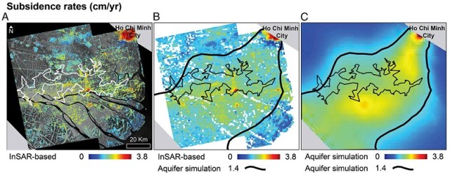 Hình 2: Ảnh InSAR (A), So sánh tỉ lệ sụt lún đất của ảnh InSAR và môn hình 3D (B) và Kết quả mô hình 3D mô phỏng sự chuyển tiếp giữa các tầng chứa nước (C)