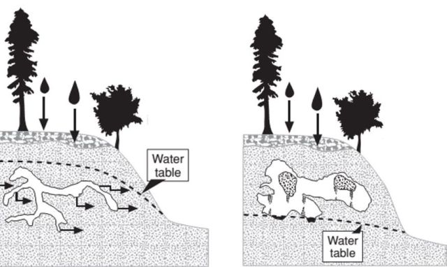 Hình 4. Nước có tính axit chảy vào các khe nứt, hòa tan can xit và mang đi. Theo thời gian, nước ngầm mở rộng đường dẫn tạo thành hang động [7]
