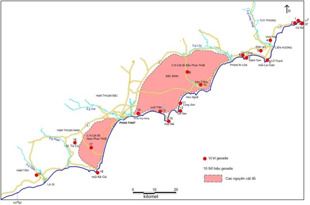 Hình 1. Vị trí các geosite ven biển Bình Thuận