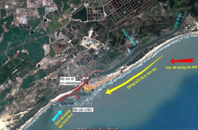 Hình 10. Doi cát dịch chuyển lạch sâu dẫn đến xói lở bờ tây cửa Lộc An