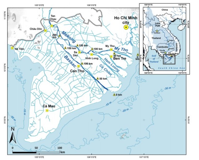 Hình 1: Đồng bằng sông Cửu Long với sông Tiền (Mekong) và sông Hậu (Bassac)
