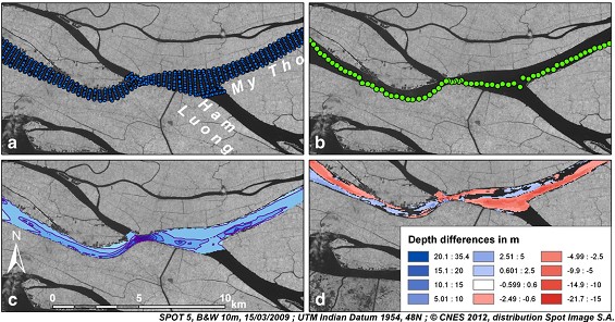 Hình 2. Dữ liệu độ sâu lòng sông và xử lý. (a) Ví dụ về lấy mẫu dữ liệu (số lượng mặt cắt ngang thay đổi phụ thuộc vào ngày và khu vực đo); (b) xây dựng đường đáy sông từ điểm sâu nhất trên từng mặt cắt; (c) ví dụ xử lý raster độ sâu (ô lưới 50 m và đường đẳng sâu 5 m); (d) ảnh phân loại độ sâu cho phép tính toán khối lượng vật liệu khai thác.