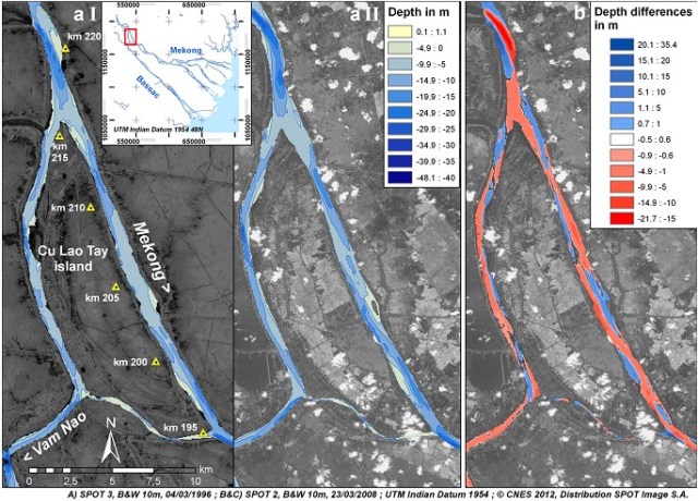 Hình 4. Tiến hóa hình thái khu vực Cù lao Tây (km 195-220). (aI) năm 1998; (aII) năm 2008; (b) tổng hợp biến đổi độ sâu giữa đợt khảo sát 1998 và 2008. Khu vực này cho thấy xói mòn đáy rộng khắp, đặc biệt sông Vàm Nao và các đới nông trên sông Tiền