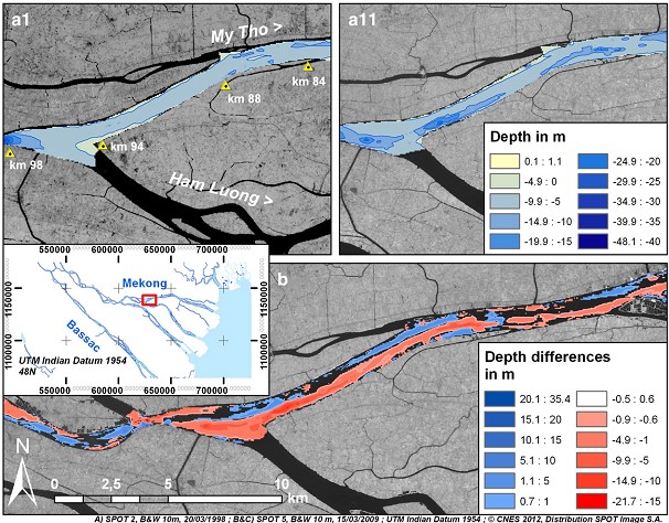 Hình 5. Tiến hóa hình thái đáy sông Mỹ Tho cho thấy sự xói mòn đáng kể từ giữa 1998 và 2008. (a1) bản đồ 1998 cho thấy bãi nông có độ sâu – 5 đến - 10 m; (a11) bản đồ 2008 thể hiện các hố sâu bất thường; (b) tổng hợp biến đổi độ sâu.