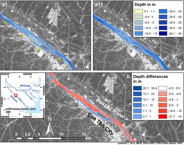 Hình 6. Tiến hóa hình thái đáy sông Hậu gần thành phố Cần Thơ 6 (km 110-125) cho thấy bãi nông, gờ nông và bãi bồi biến đổi đáng kể. (a1) năm 1998; (a11) năm 2008; (b) những biến đổi độ sâu giữa hai đợt điều tra.