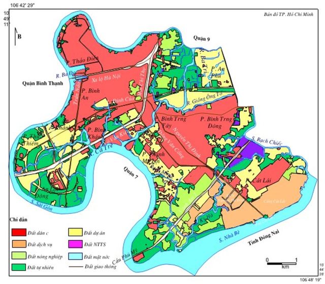 Hình 9. Bản đồ sử dụng đất Quận 2 năm 2015 Ghi chú: DDT- đất đô thị (dân cư); DDV- đất dịch vụ; DDA- đất dự án; DGT- đất giao thông; DNN- đất nông nghiệp; DTN- đất tự nhiên; DTS- đất thủy sản; DMN- đất mặt nước