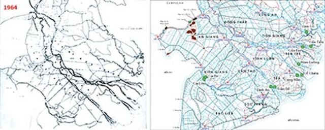 Hình 1. Mạng lưới kênh rạch ở ĐBSCL năm 1964 (trái) và năm 2011 (phải).