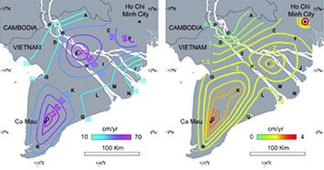 Hình 5. Tốc độ tụt của mực nước ngầm (trái) và tốc độ sụt lún bề mặt của đồng bằng (phải).