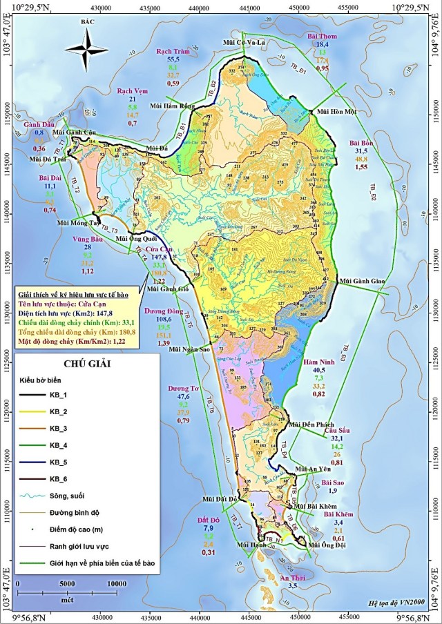 Hình 2. Phân chia lưu vực, tế bào và các kiểu bờ biển trên đảo Phú Quốc